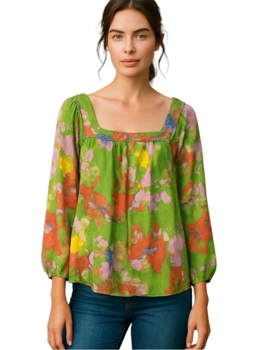 Hope & Harlow Square Neck Floral Bohemian Blouse In Winsome Orchid / Multi SZ XL